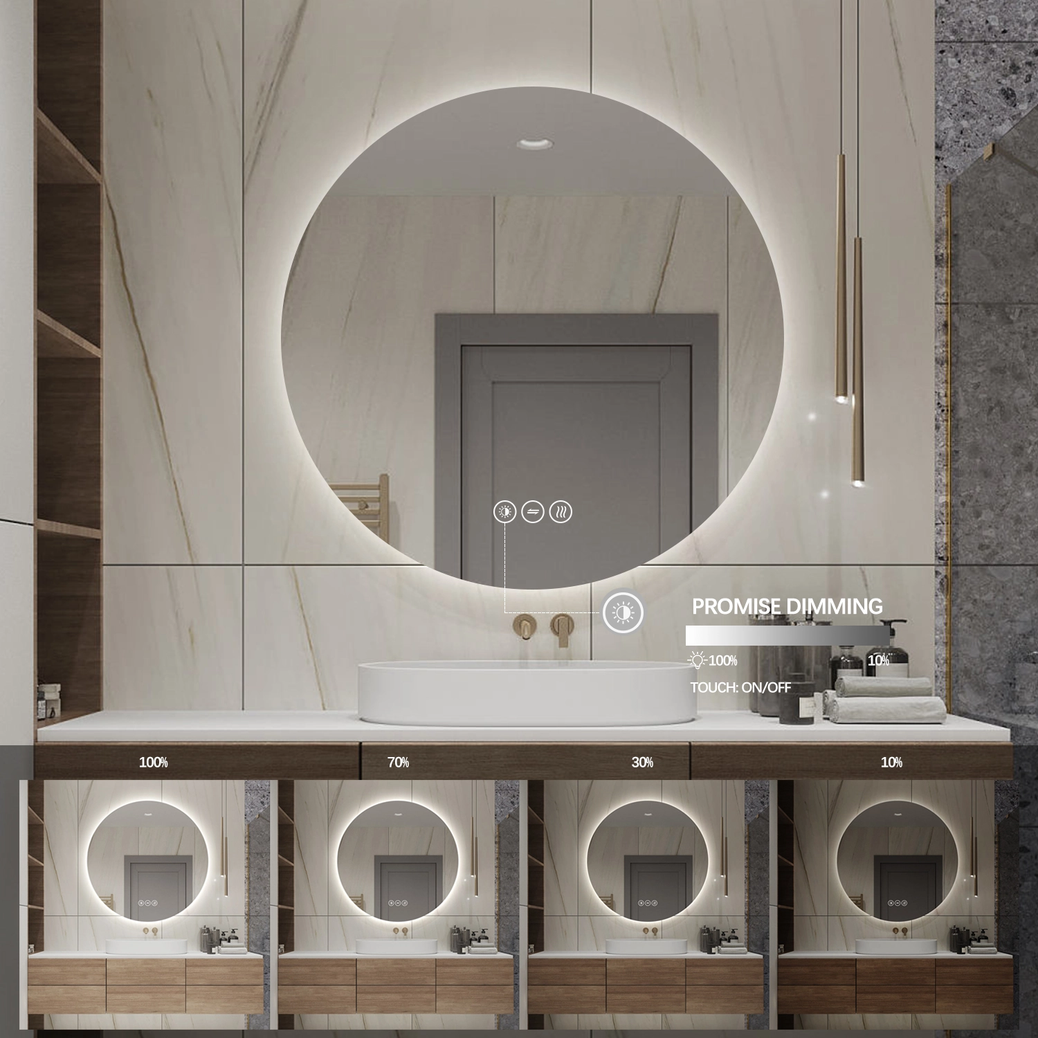 Premium Rundt Badeværelses Spejl Med LED, Antidug Og Touchsensor (Variant: Størrelse: Ø 60) - Billede 6