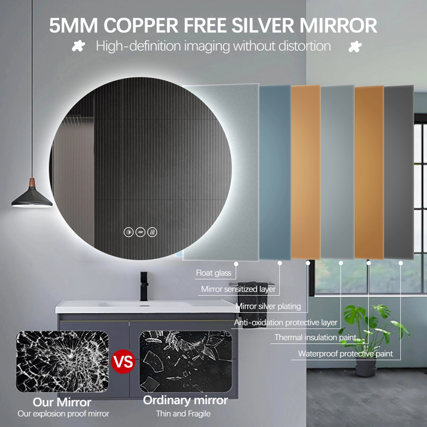 Premium Rundt Badeværelses Spejl Med LED, Antidug Og Touchsensor (Variant: Størrelse: Ø 60) - Billede 3